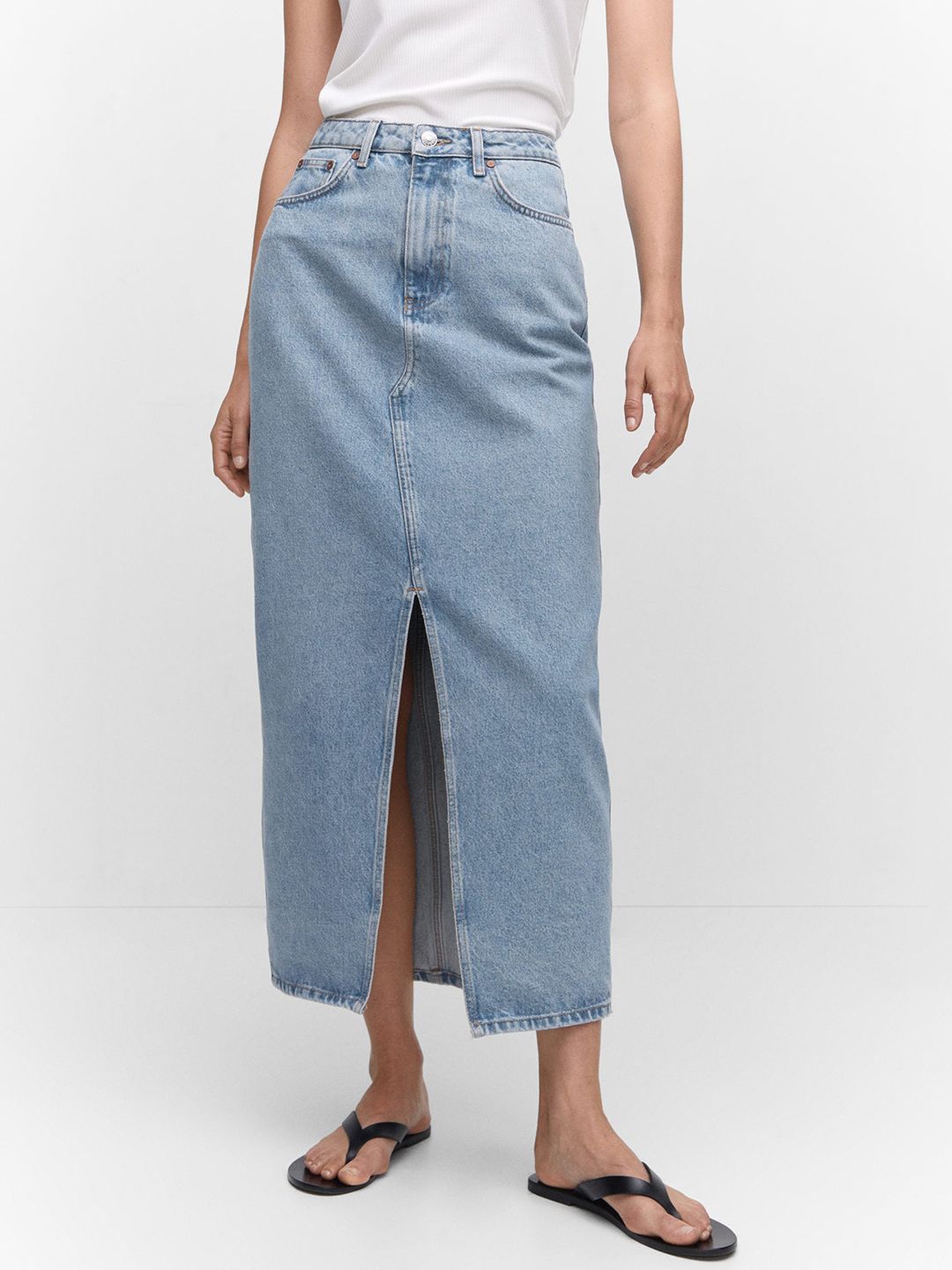 MANGO Pure Cotton High-Rise Denim Solid Front Slit Straight Maxi Skirt Price in India