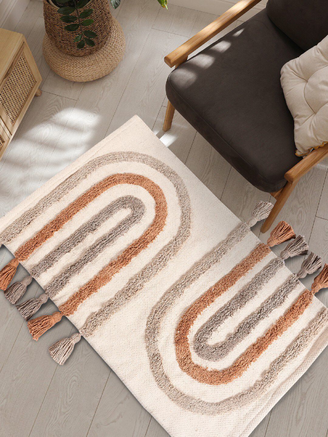 URBAN SPACE Beige & Brown Tufted Pure Cotton Anti-Skid Rectangular Carpet