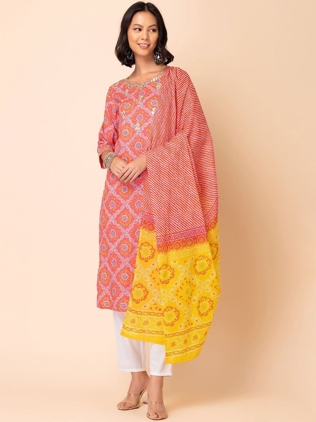 INDYA Bandhani Printed Pure Cotton Kurta With Trouser & Dupatta Price in India
