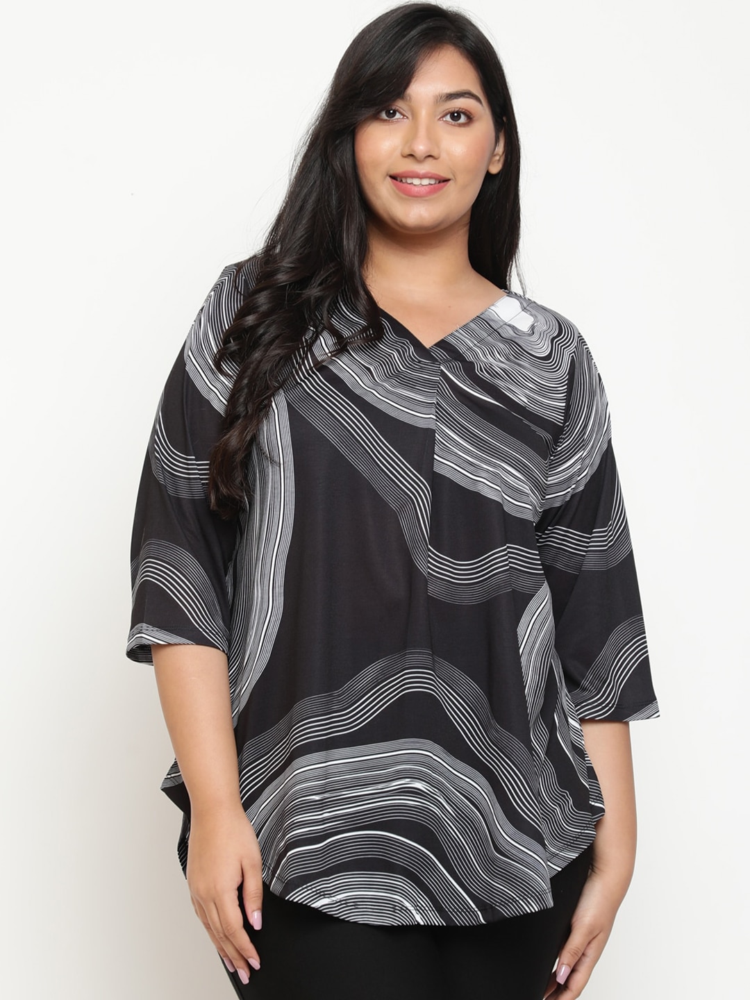 Amydus Plus Size Abstract Printed V-Neck Longline Top Price in India