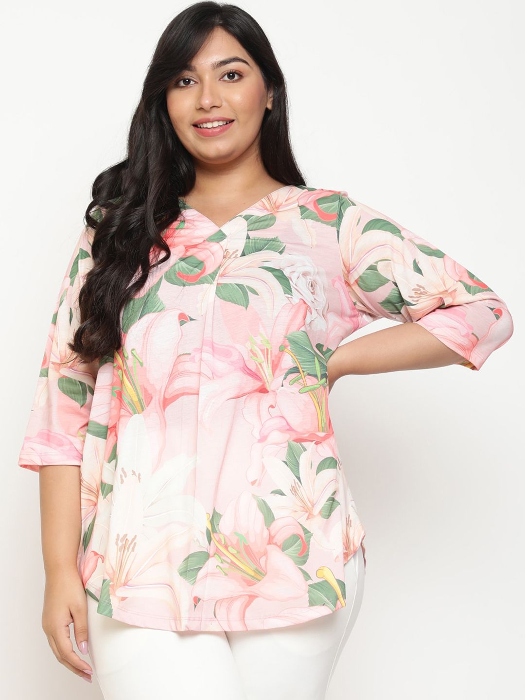 Amydus Plus Size Floral Printed V-Neck Longline Top Price in India