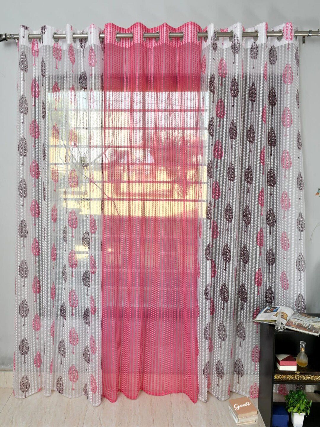Homefab India Pink & White 3 Pieces Floral Printed Sheer Long Door Curtains