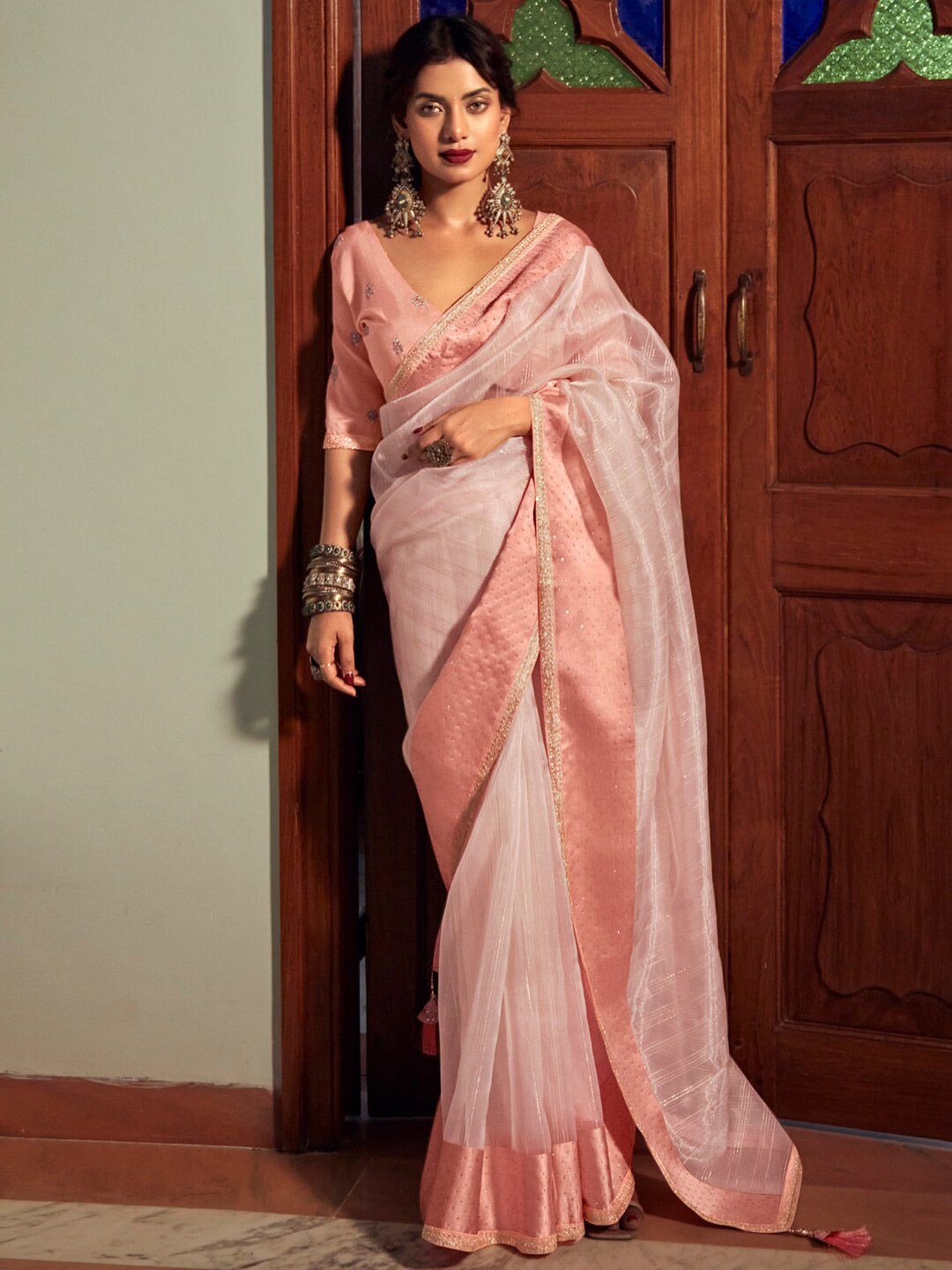 Stylee LIFESTYLE Peach-Coloured & Gold-Toned Striped Zari Organza Saree Price in India