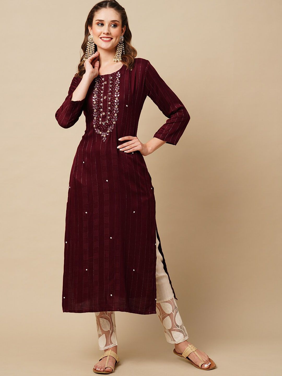 FASHOR Maroon Striped Mirror Work Beads Detail Dobby Kurta Price in India