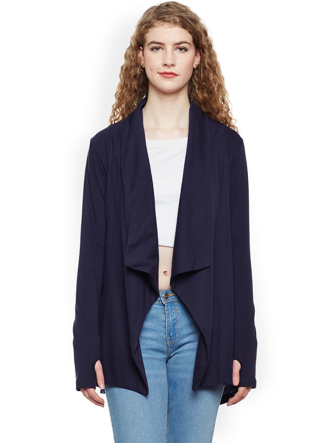 Hypernation Navy Blue Solid Open Front Shrug Price in India