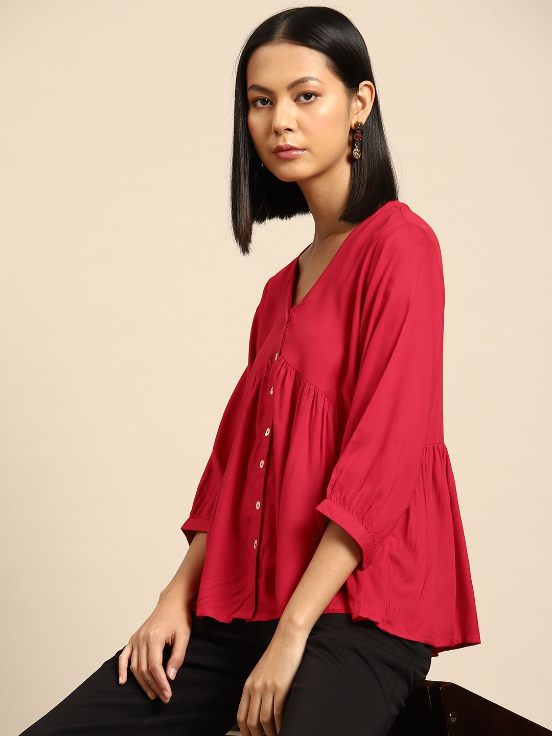 all about you V-Neck Puff Sleeve Empire Top Price in India