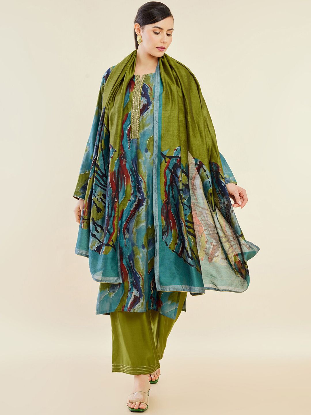 Soch Teal Green Abstract Printed Straight Kurta & Palazzos With Dupatta Price in India