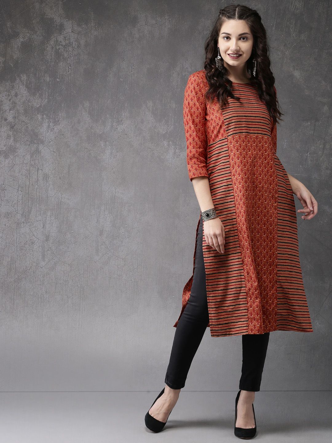 Anouk Women Rust Red Printed Straight Kurta Price in India