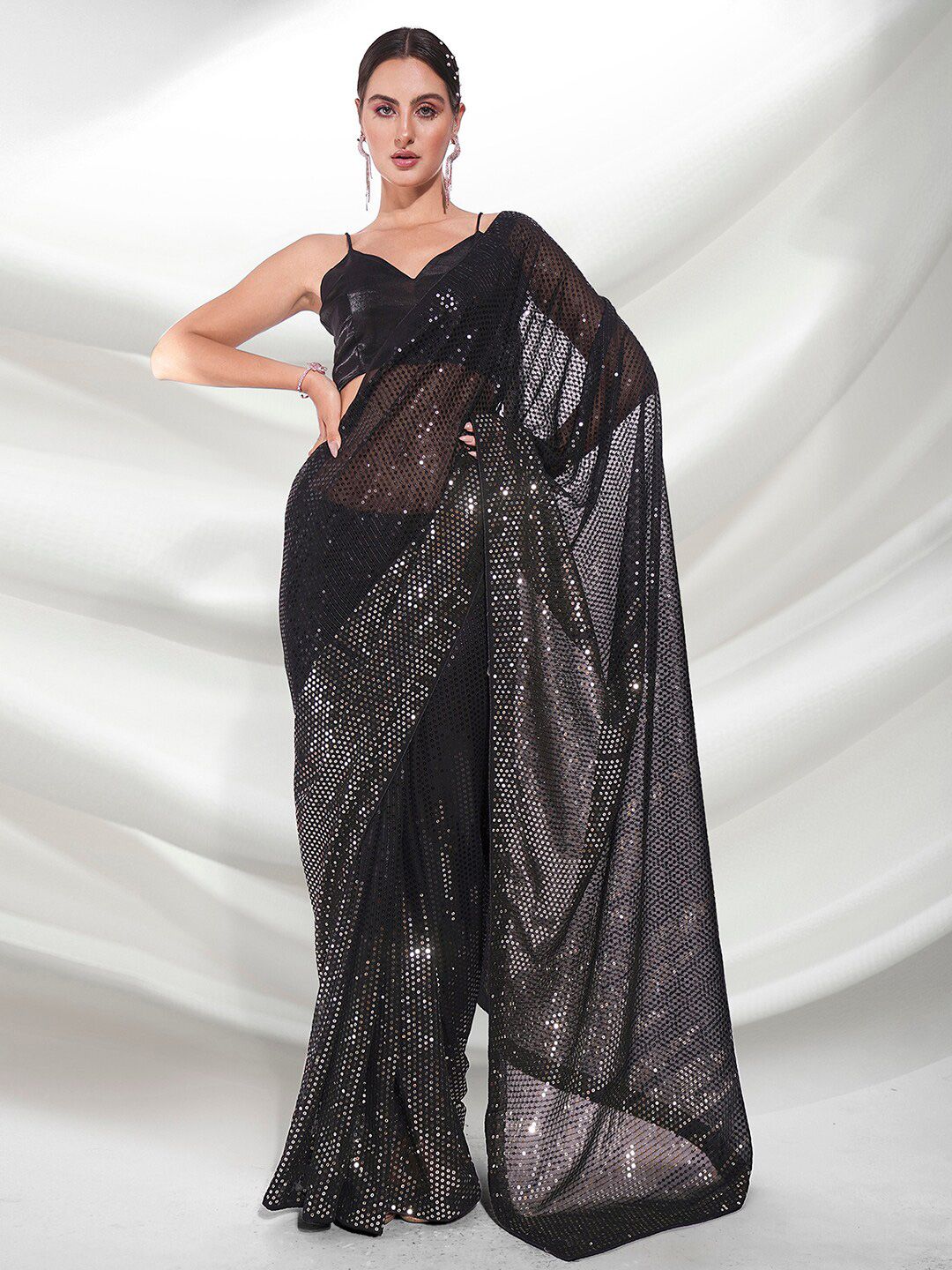 Mitera Black Embellished Sequinned Poly Georgette Saree Price in India