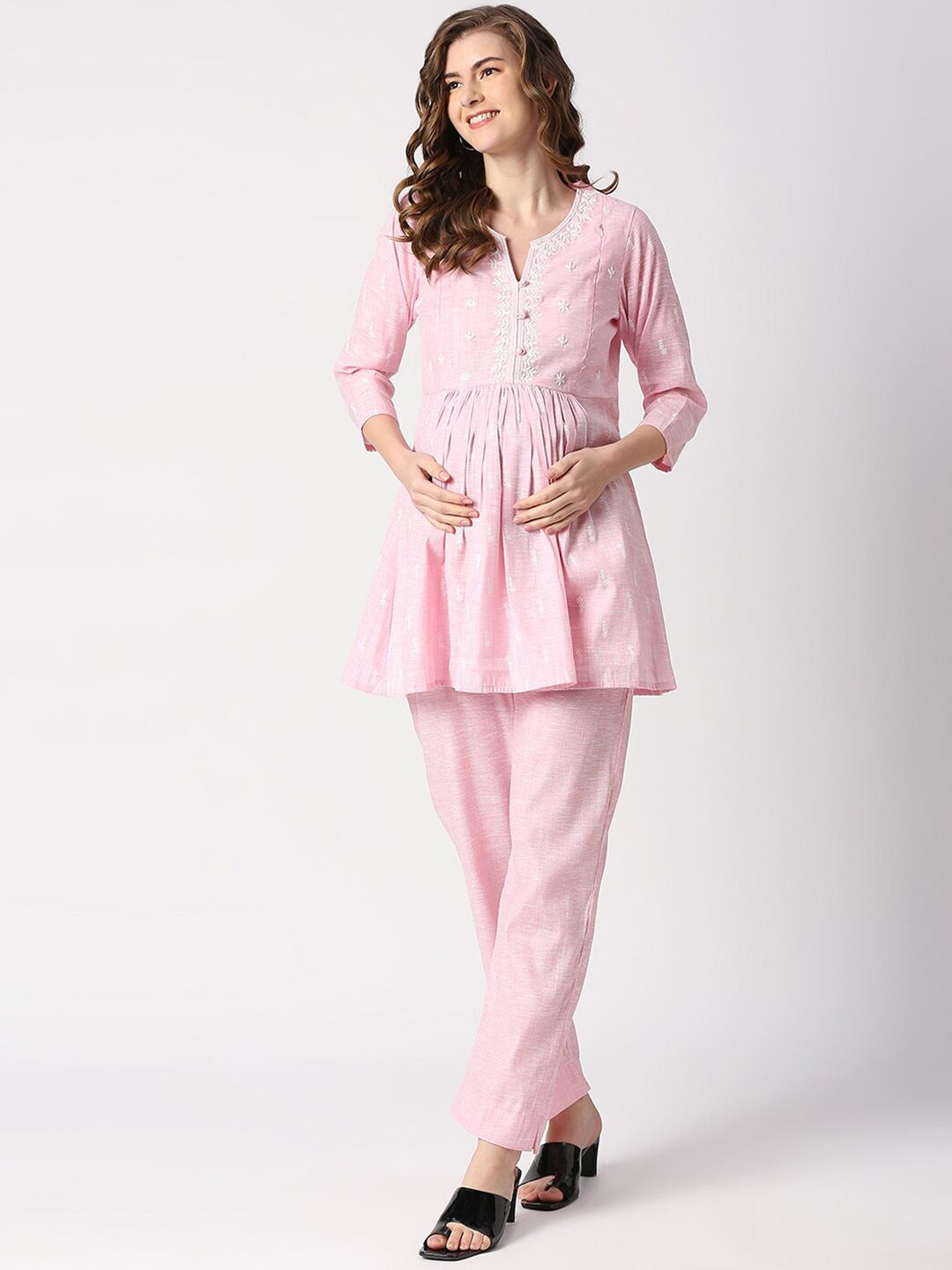 MeeMee Pink Thread Work Pure Cotton Maternity Thread Work Kurti Price in India