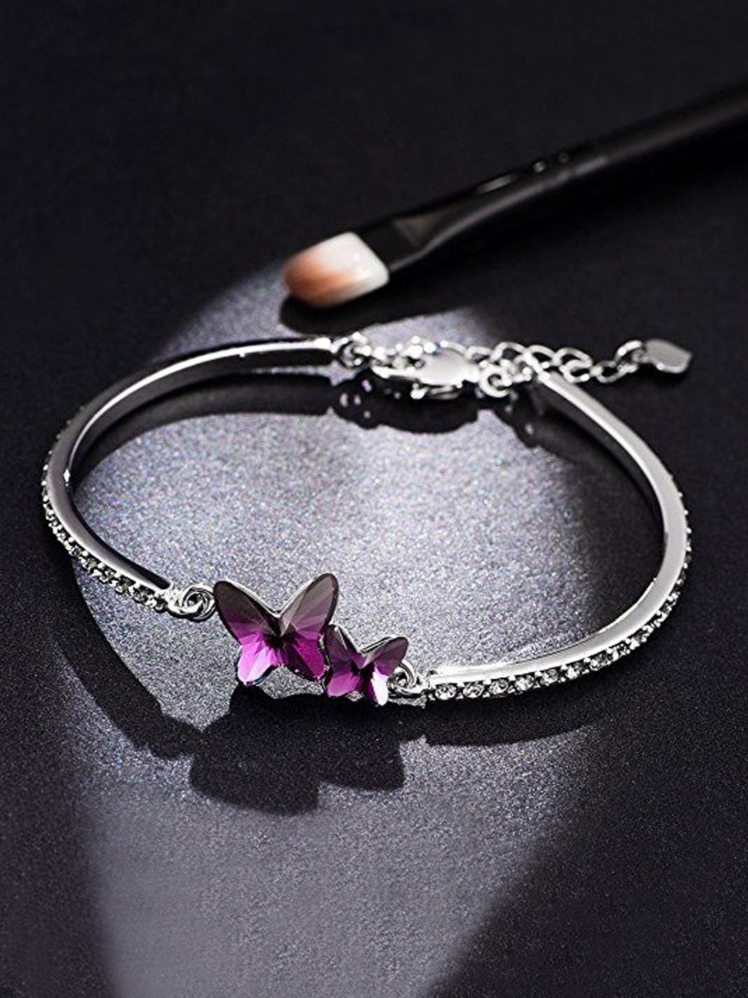 Metal Rhodium-Plated Charm Bracelet Yellow Chimes Crystals from Swarovski Collection Purple & Silver-Toned Metal Rhodium-Plated Charm Bracelet
