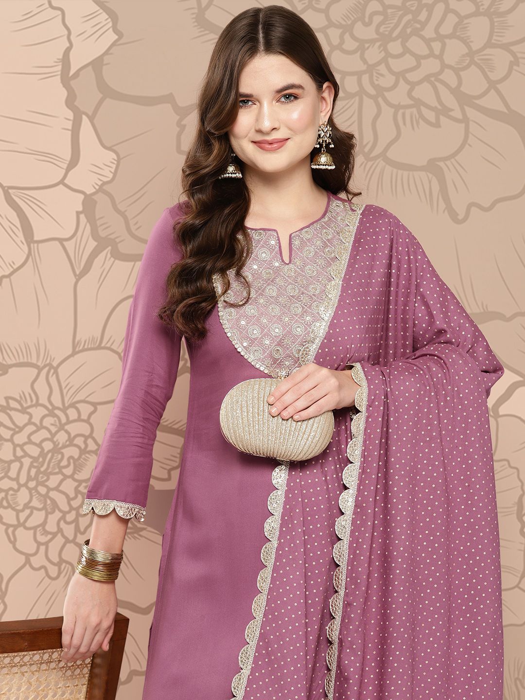 Khushal K Women Floral Embroidered Regular Sequinned Kurta with Palazzos & With Dupatta Price in India