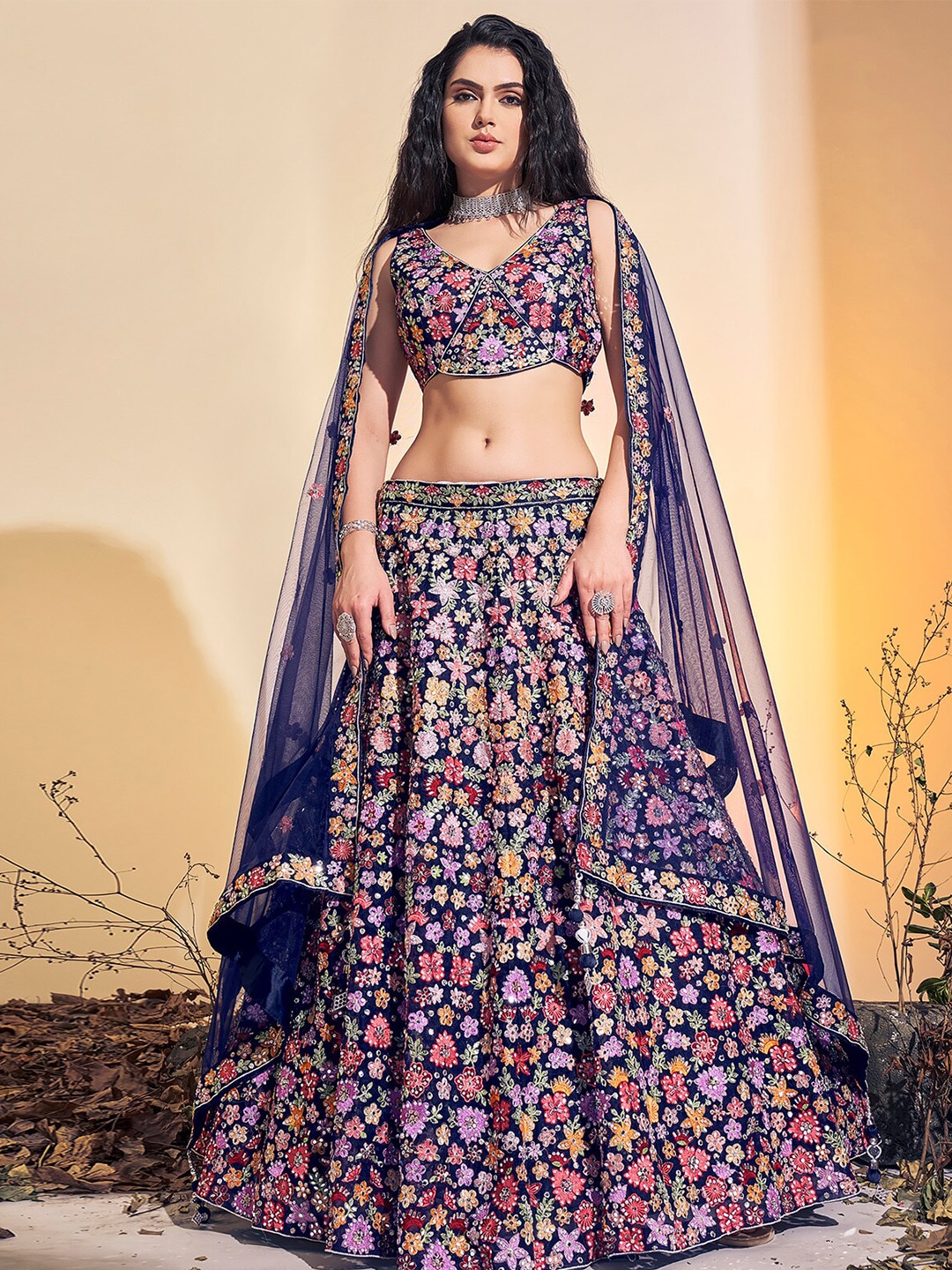 ODETTE Navy Blue & Pink Embroidered Thread Work Ready to Wear Lehenga & Blouse With Dupatta Price in India