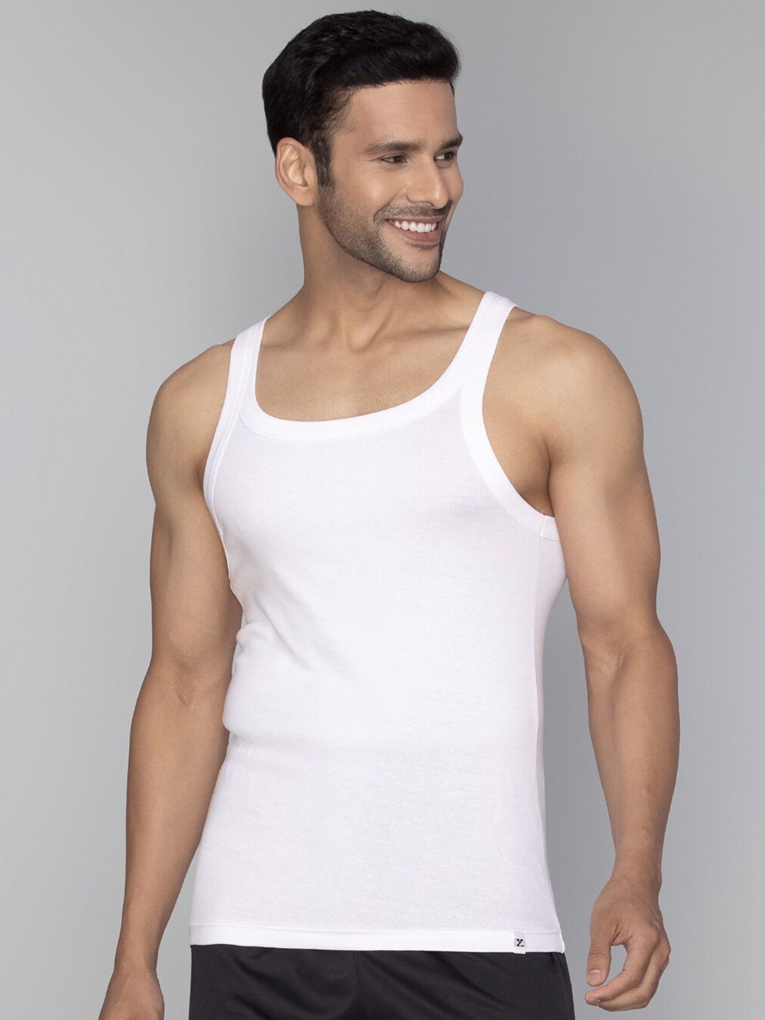 XYXX Men Solid Pace Super Combed Cotton White Ribbed Square Neck Gym Vest