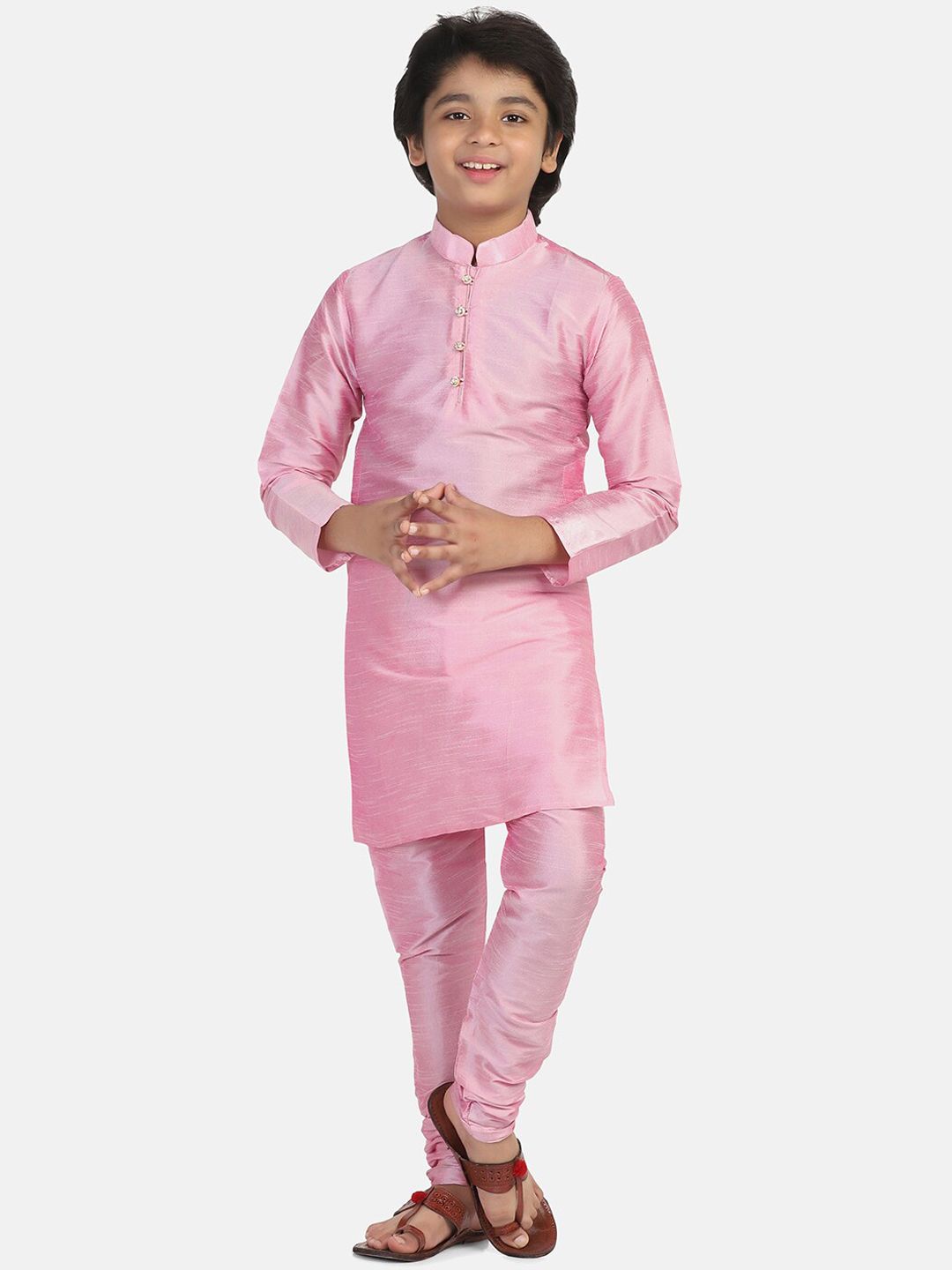 TAHVO Boys Mandarin Collar Dupion Silk Kurta With Churidar