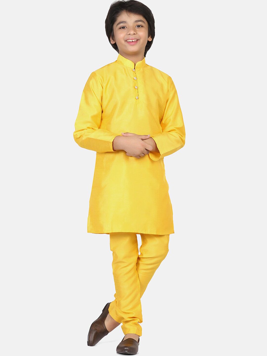 TAHVO Boys Mandarin Collar Dupion Silk Kurta With Churidar