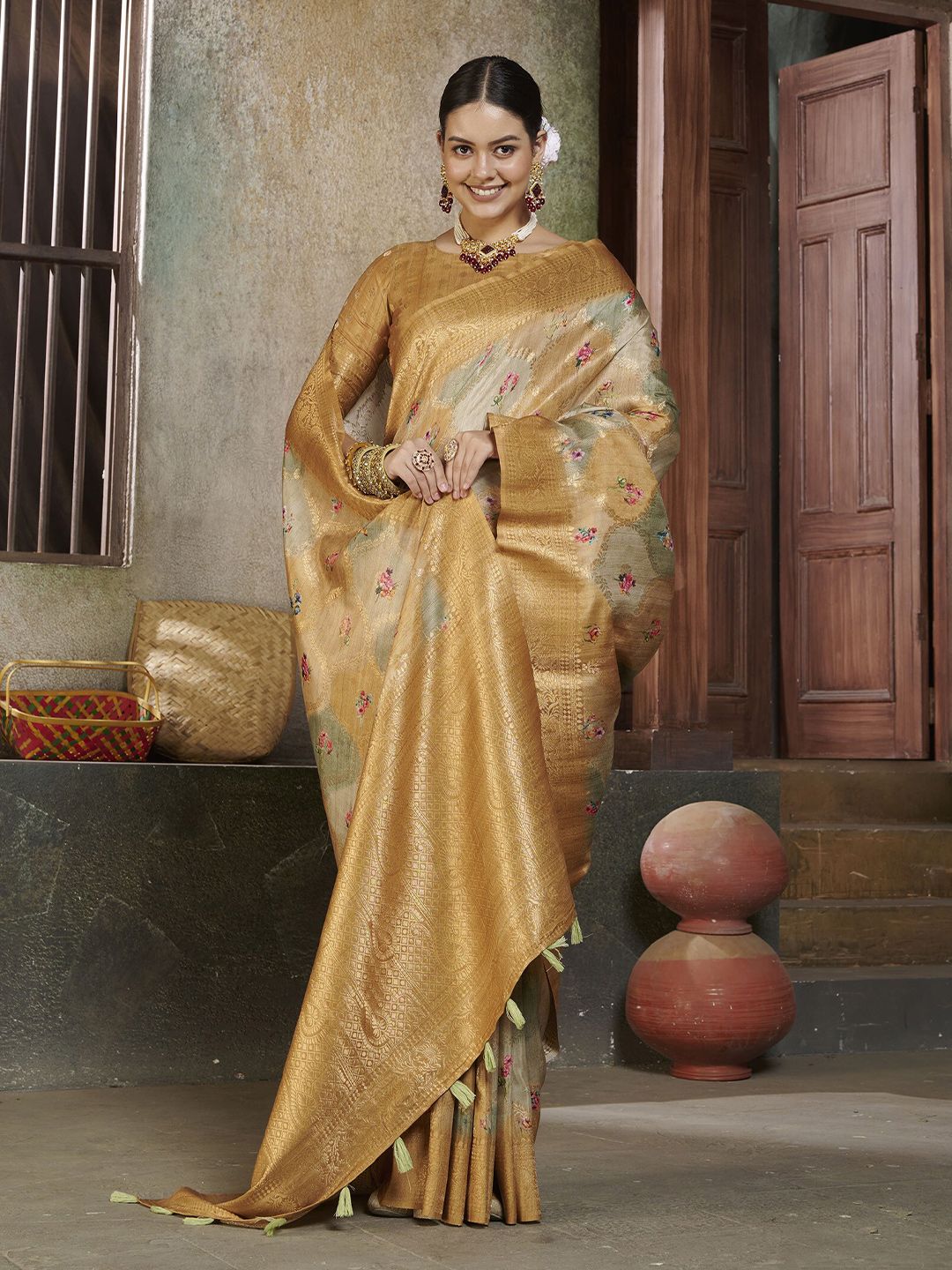 elora Yellow & Pink Woven Design Zari Bhagalpuri Saree Price in India