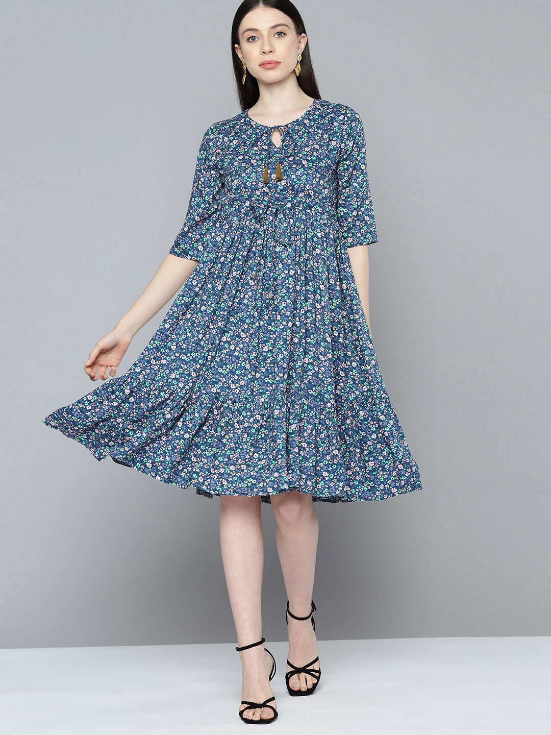 Chemistry Floral Print Tie-Up Neck A-Line Dress Price in India