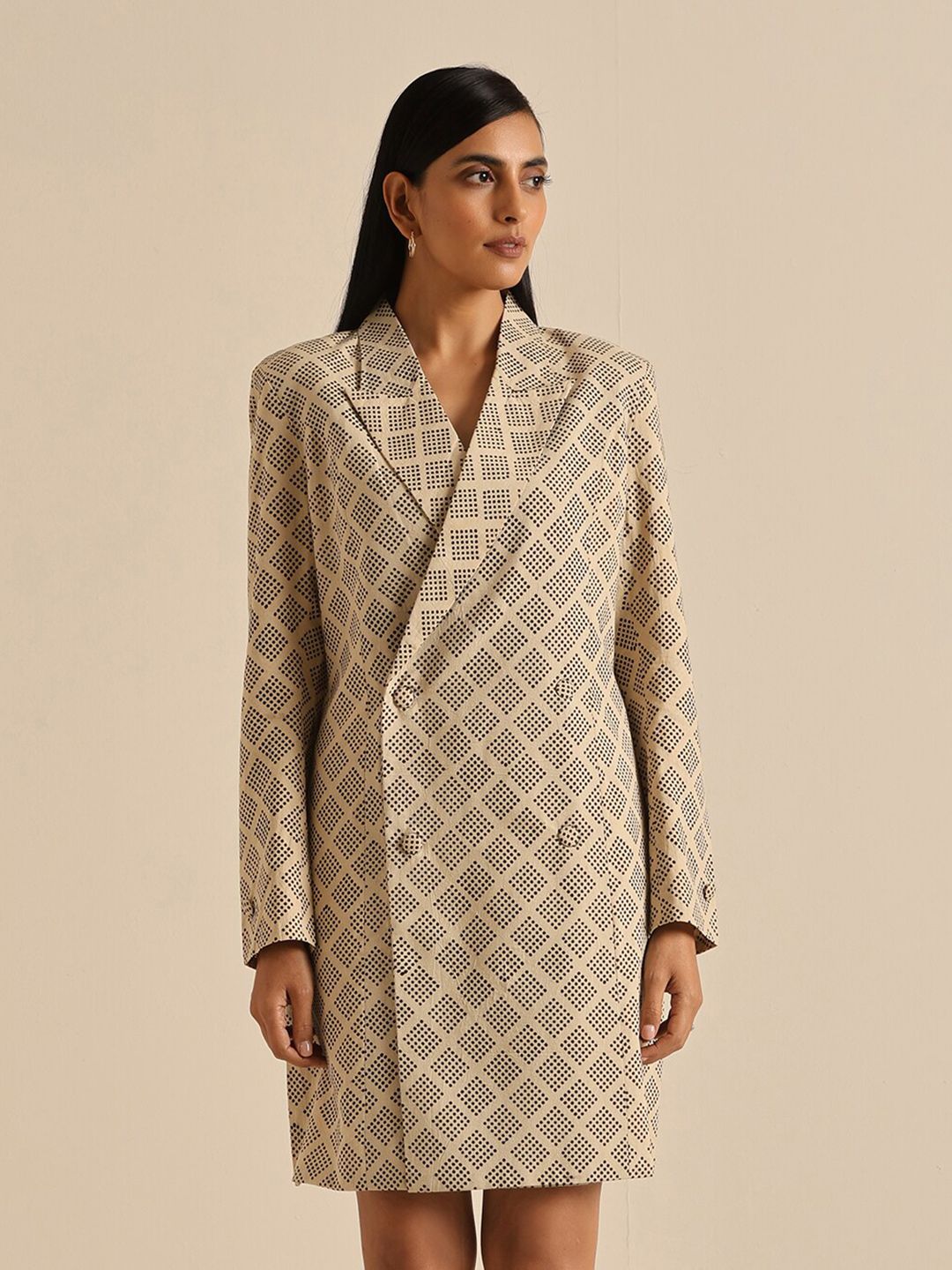 OKHAI Geometric Printed Lapel Collar Cotton Blazer Dress Price in India