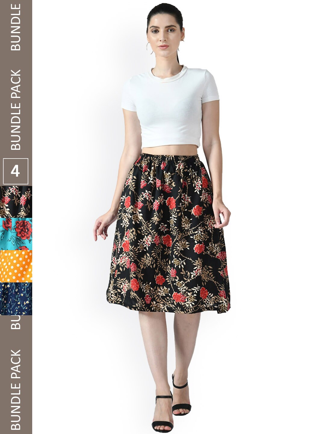 IndiWeaves Pack of 4 Floral Printed Flared Midi Skirts Price in India