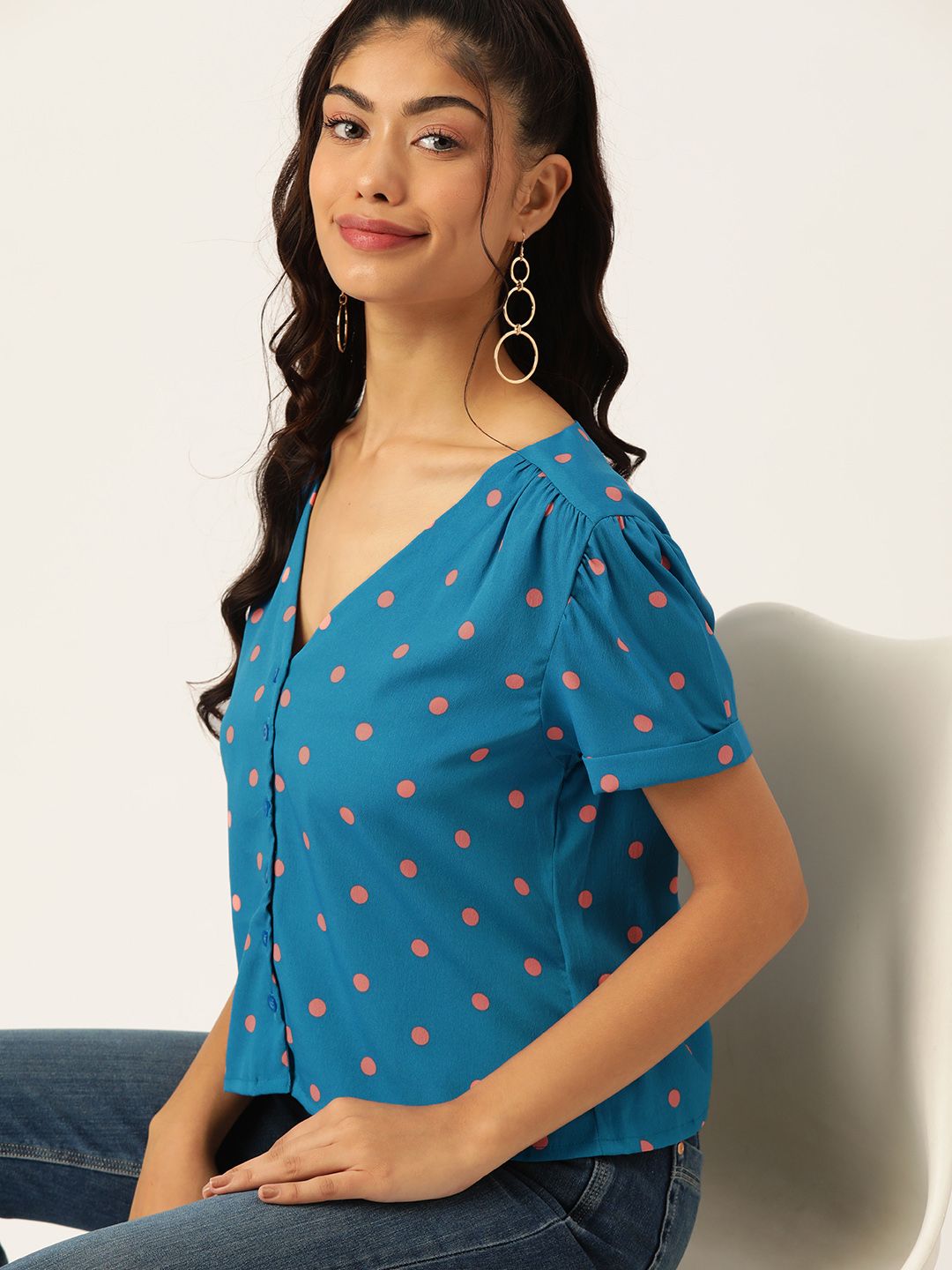 DressBerry Polka Dot Print Puff Sleeve Top Price in India