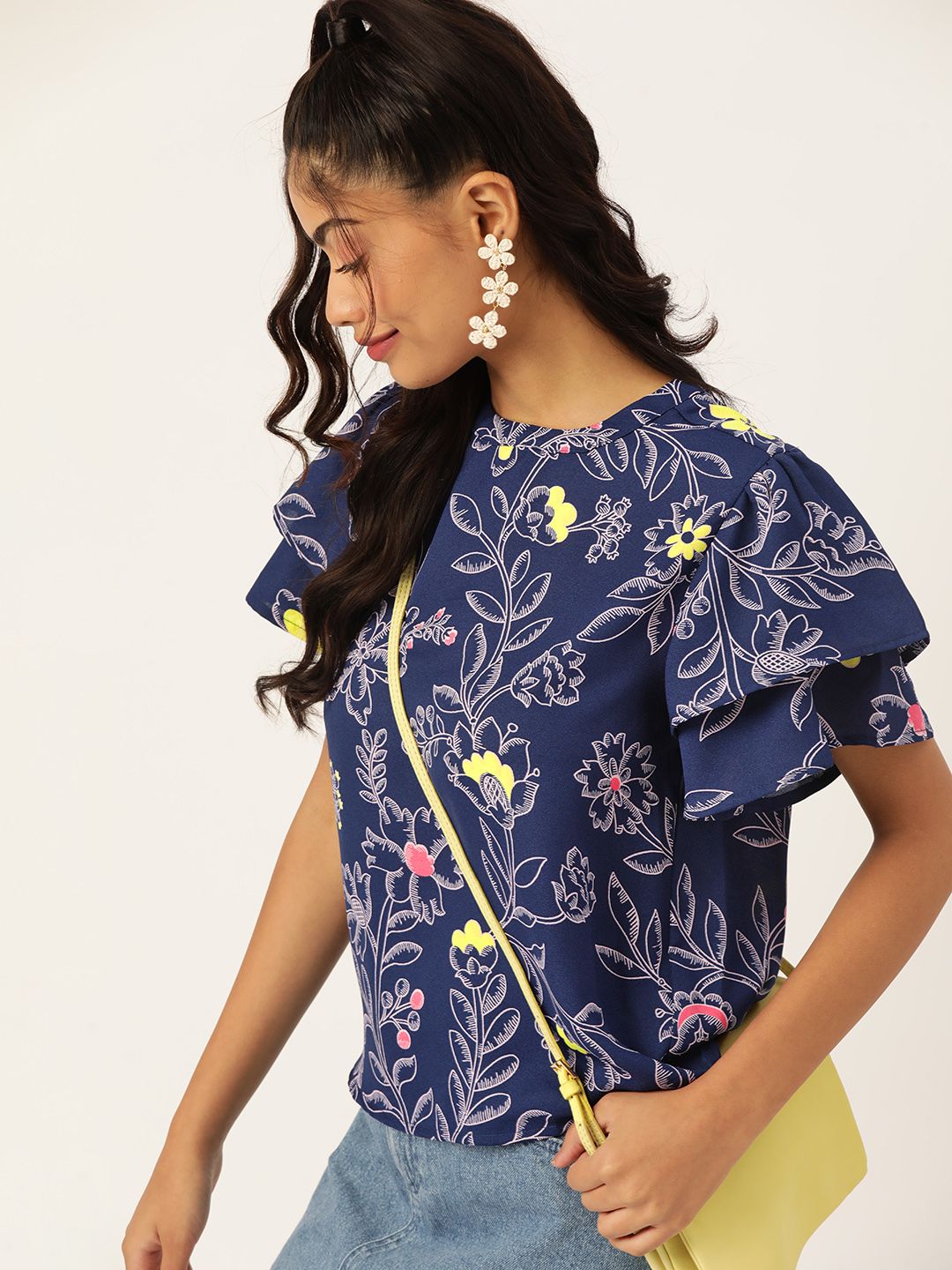 DressBerry Floral Print Flutter Sleeve Top Price in India