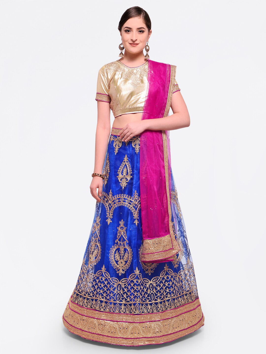 MANVAA Blue & Pink Embroidered Semi-Stitched Lehenga & Unstitched Blouse With Dupatta Price in India