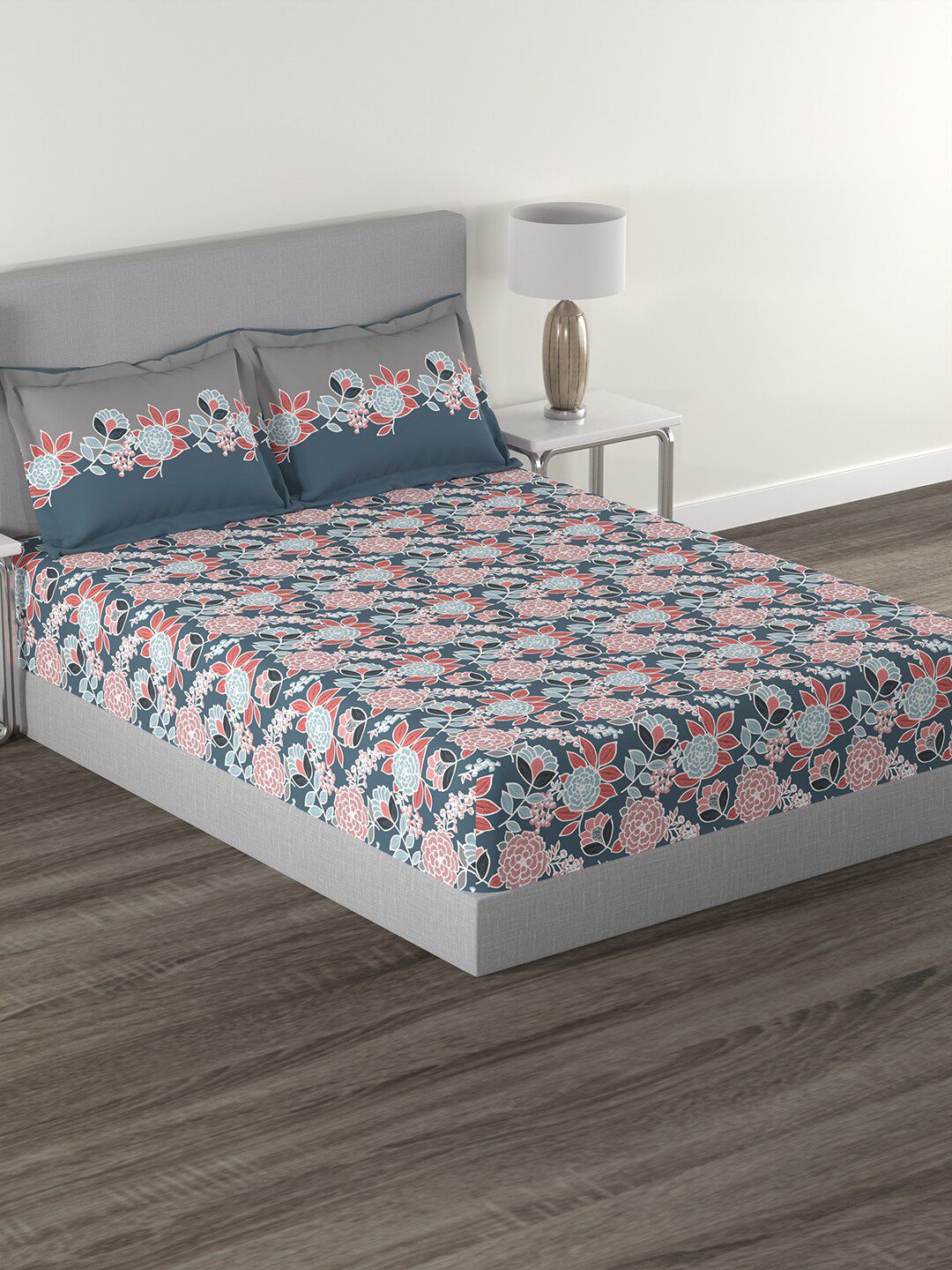 Pure Cotton Queen Bedsheet with 2 Pillow Covers MYTRIDENT Trident Blue Floral Pure Cotton Feather Soft 144 TC Queen Bedsheet with 2 Pillow Covers-90 x 100 inches