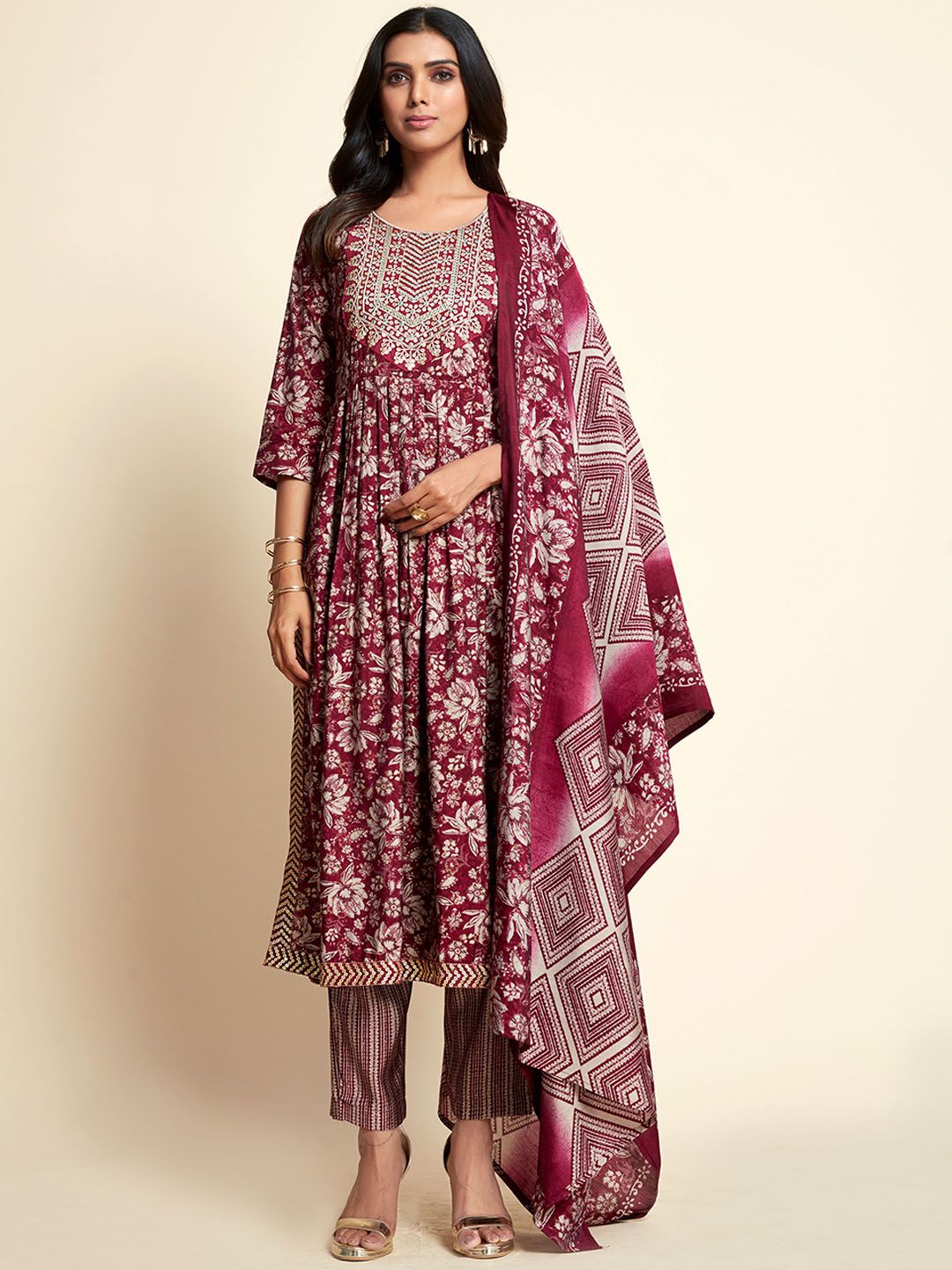 Sangria Maroon Floral Printed A-Line Kurta With Trousers & Dupatta Price in India