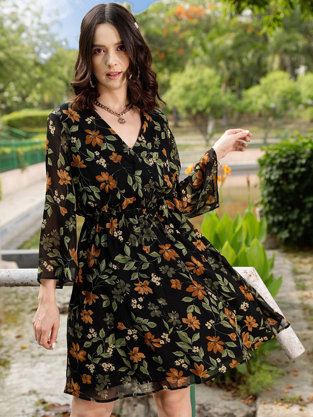 STREET 9 Black Floral Print Chiffon Dress Price in India