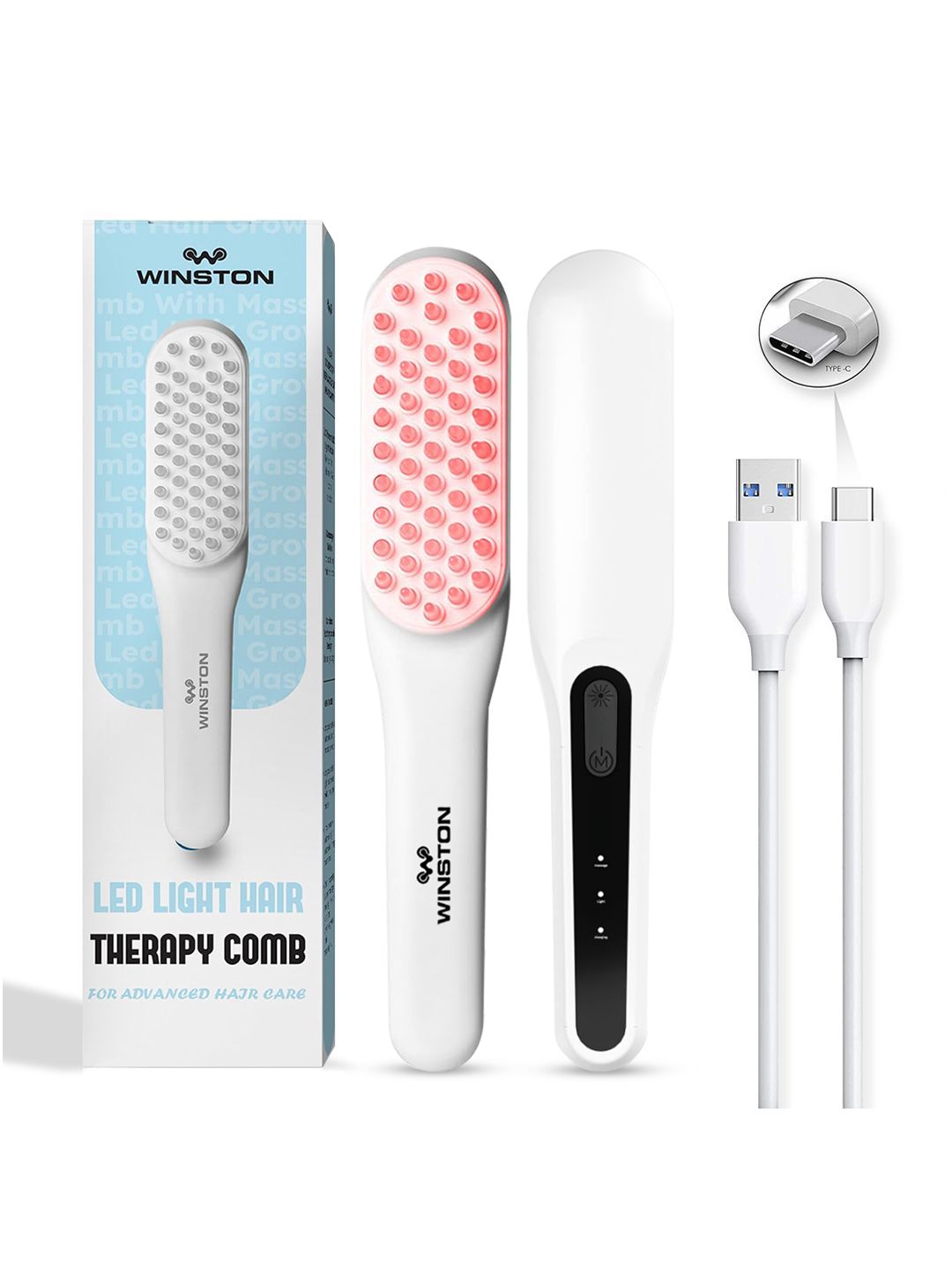WINSTON LED Hair Growth Therapy Comb with Vibration Mode & Red and Blue Light - White