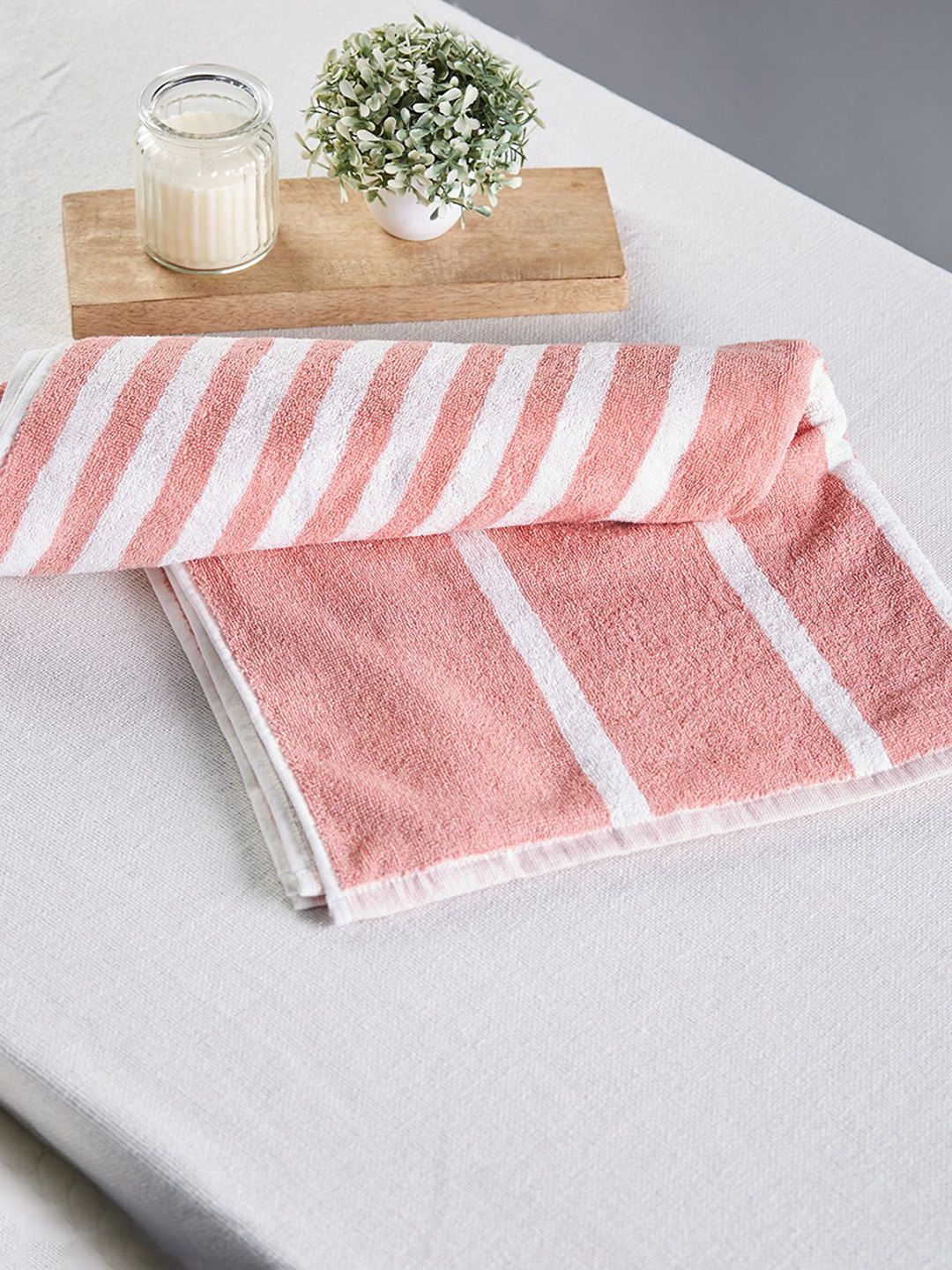 Fabindia Pink & White Striped 500 GSM Aniya Cotton Bath Towel