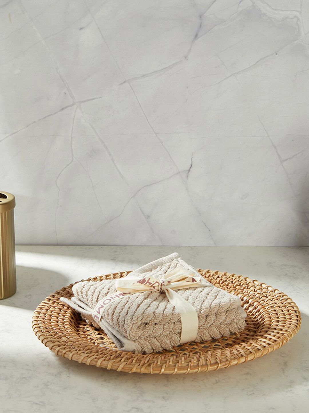 Fabindia Nina Beige 2-Pieces Striped 550 GSM Cotton Hand Towels