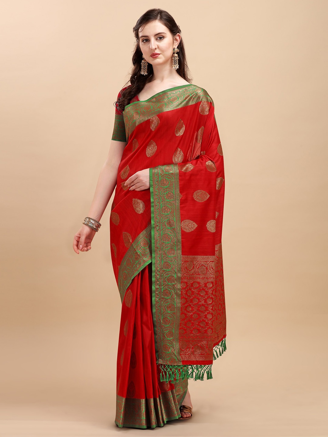 VISHNU WEAVES Red & Green Ethnic Motifs Zari Silk Blend Banarasi Saree Price in India