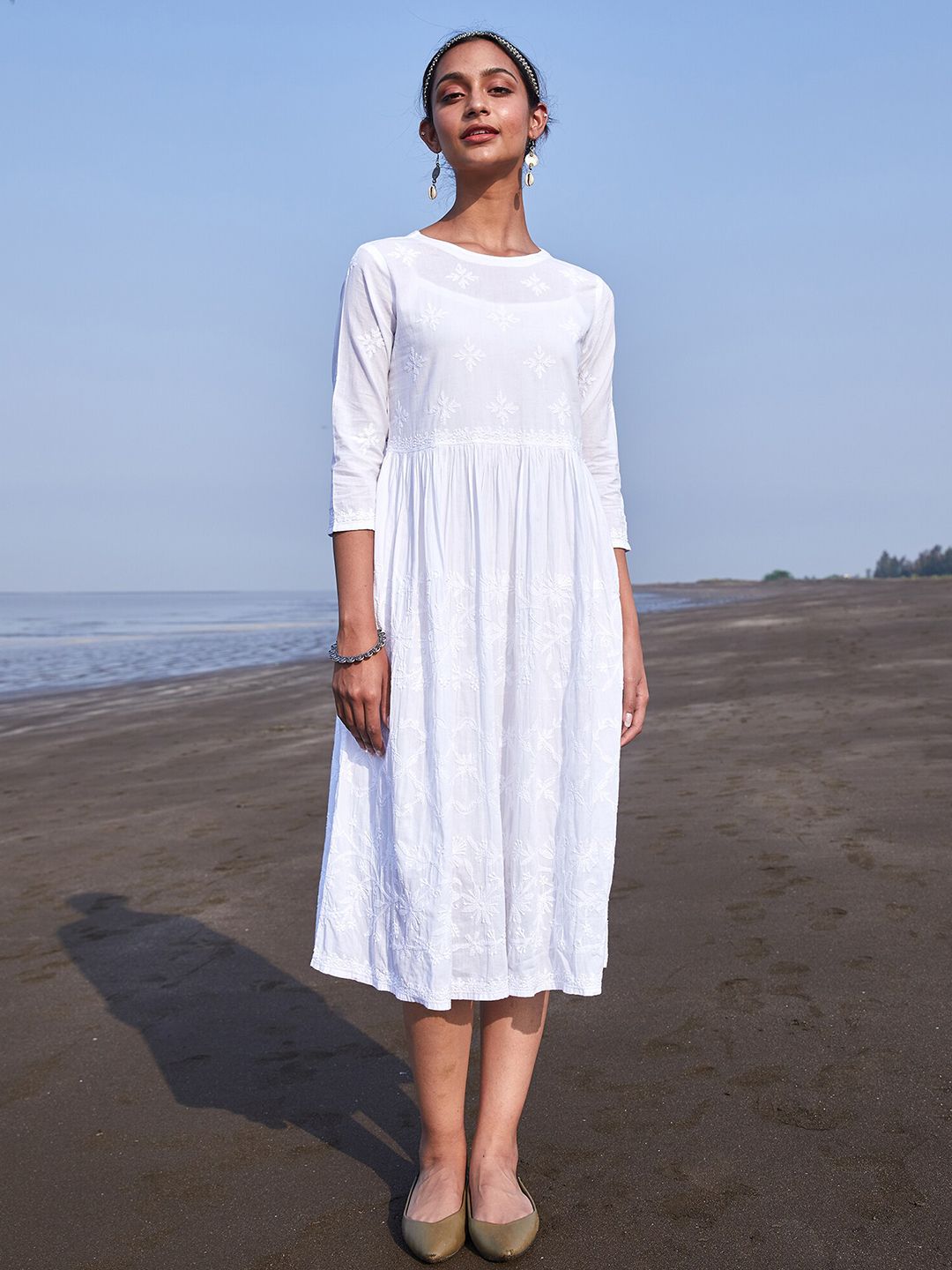 OKHAI White Fit & Flare Midi Dress Price in India