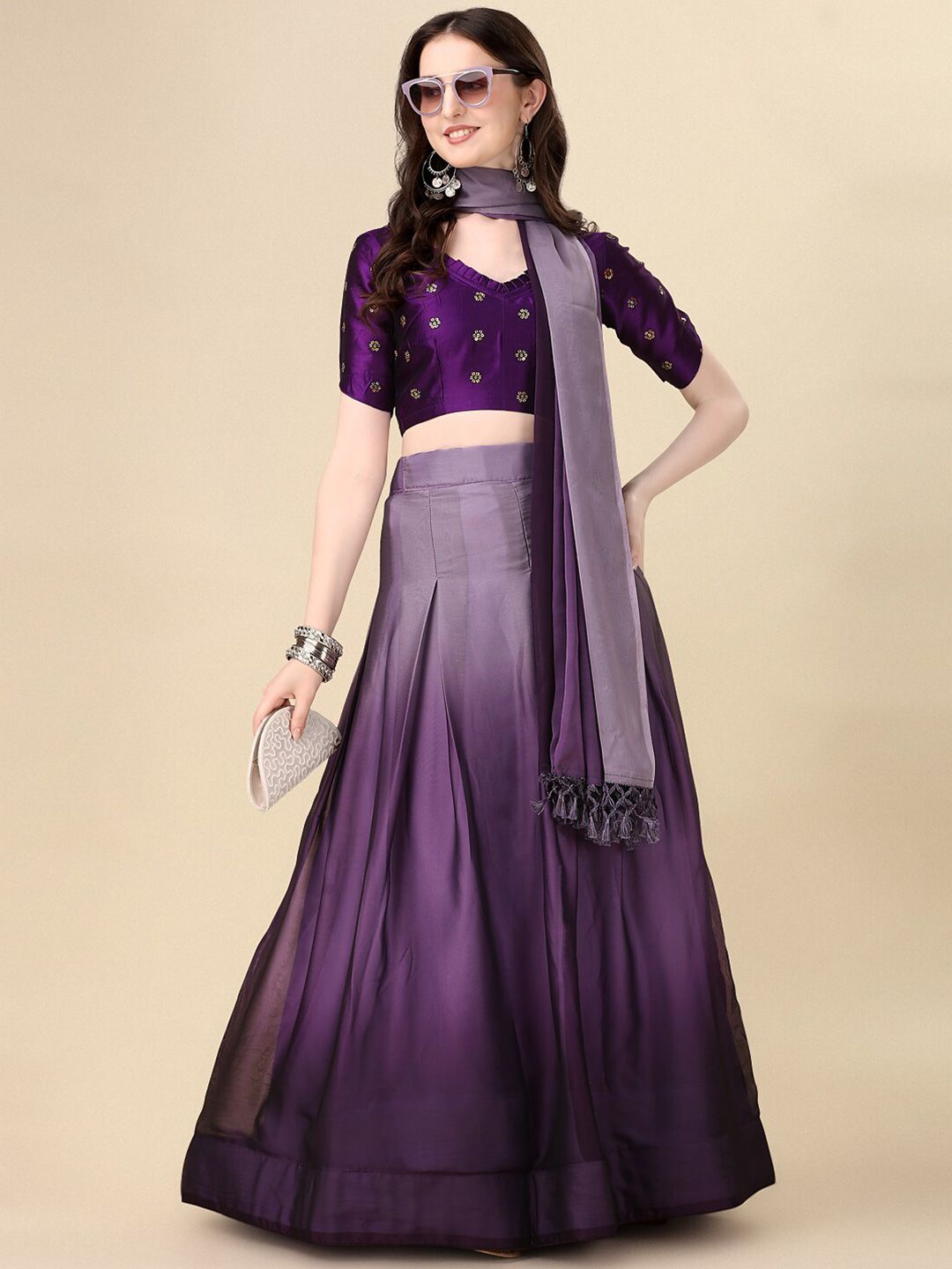 KALINI Purple Embellished Sequinned Semi-Stitched Lehenga & Unstitched Blouse With Dupatta Price in India