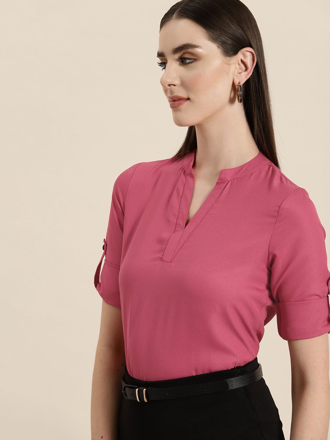her by invictus Mandarin Collar Roll-Up Sleeves Top Price in India