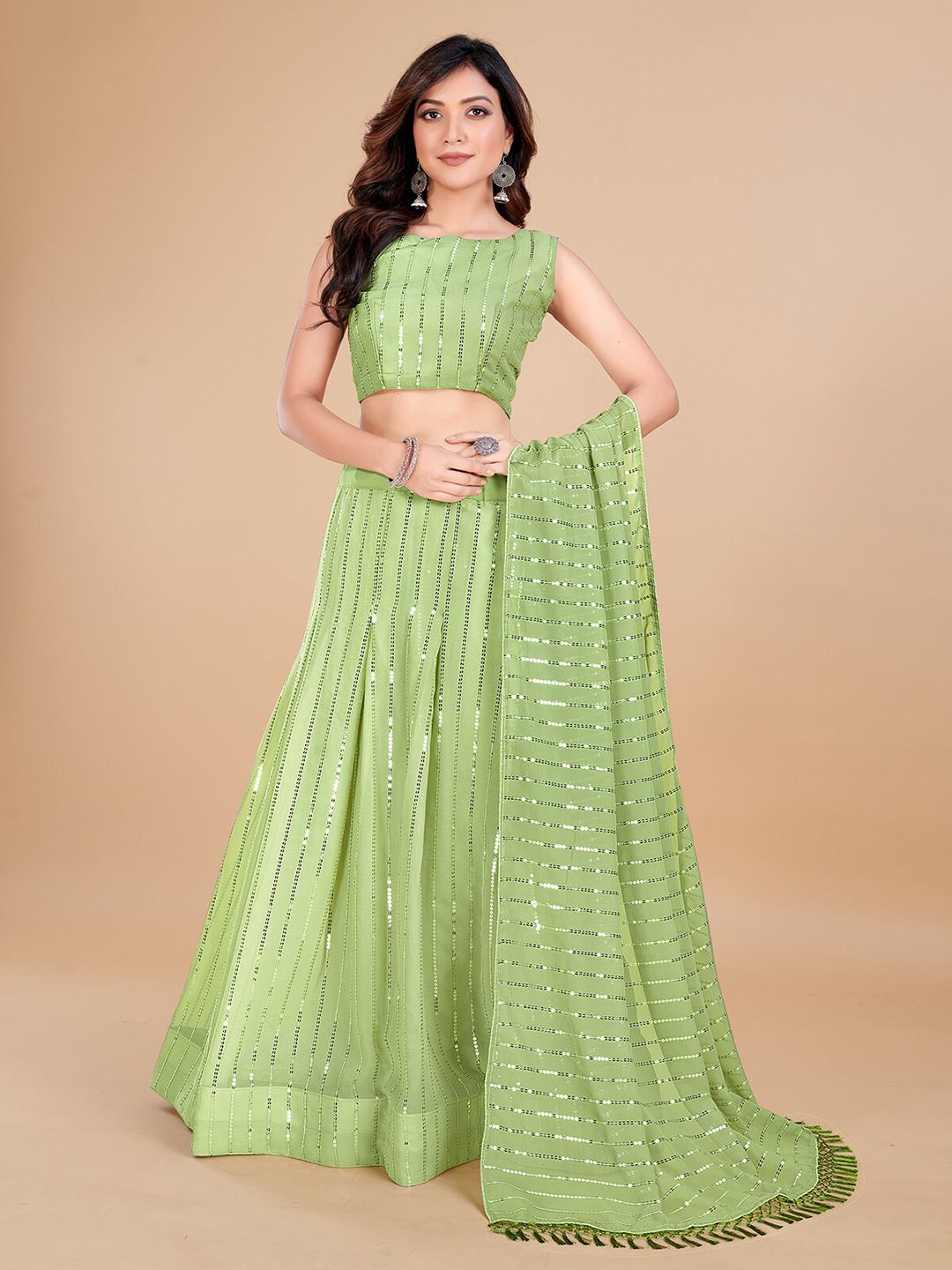 KALINI Fluorescent Green Embellished Sequinned Semi-Stitched Lehenga & Unstitched Blouse With Dupatta Price in India