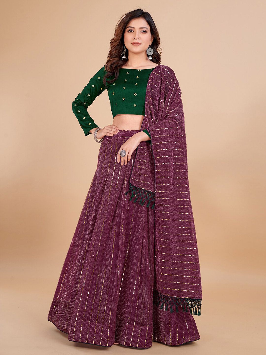 KALINI Purple & Green Embellished Sequinned Semi-Stitched Lehenga & Unstitched Blouse With Dupatta Price in India