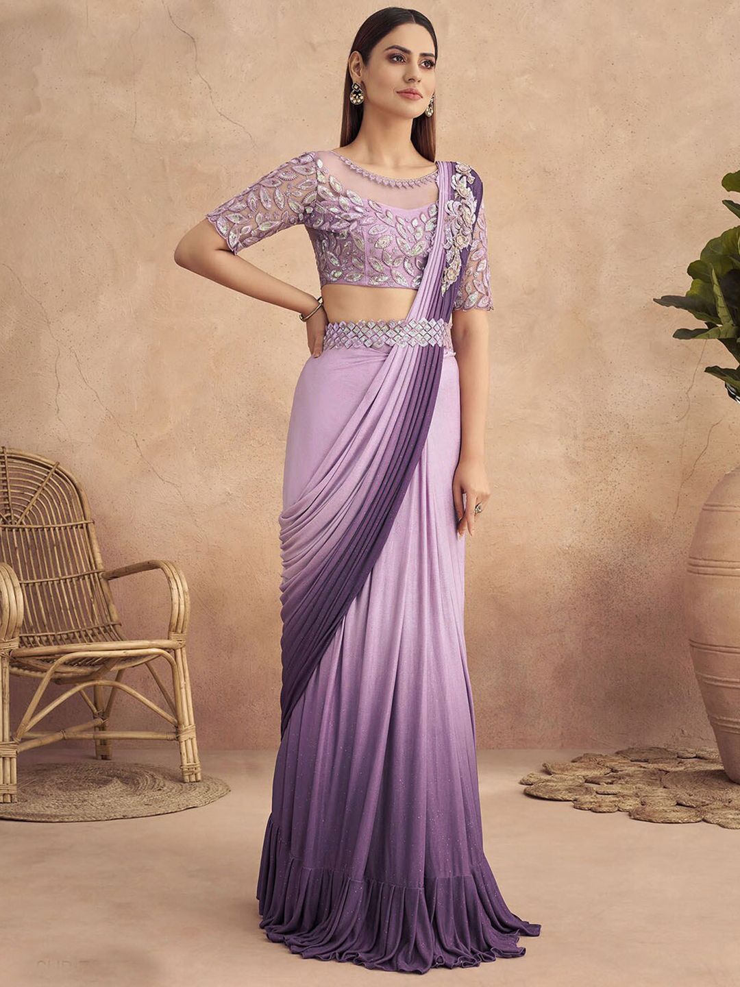 Satrani Pink & Purple Ombre Embroidered Ready to Wear Saree Price in India