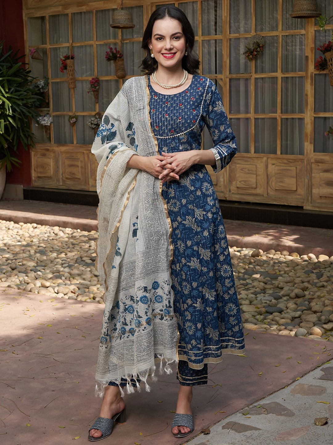 Sangria Blue Printed Gotta Patti Pure Cotton Empire A-Line Kurta with Trousers & Dupatta Price in India