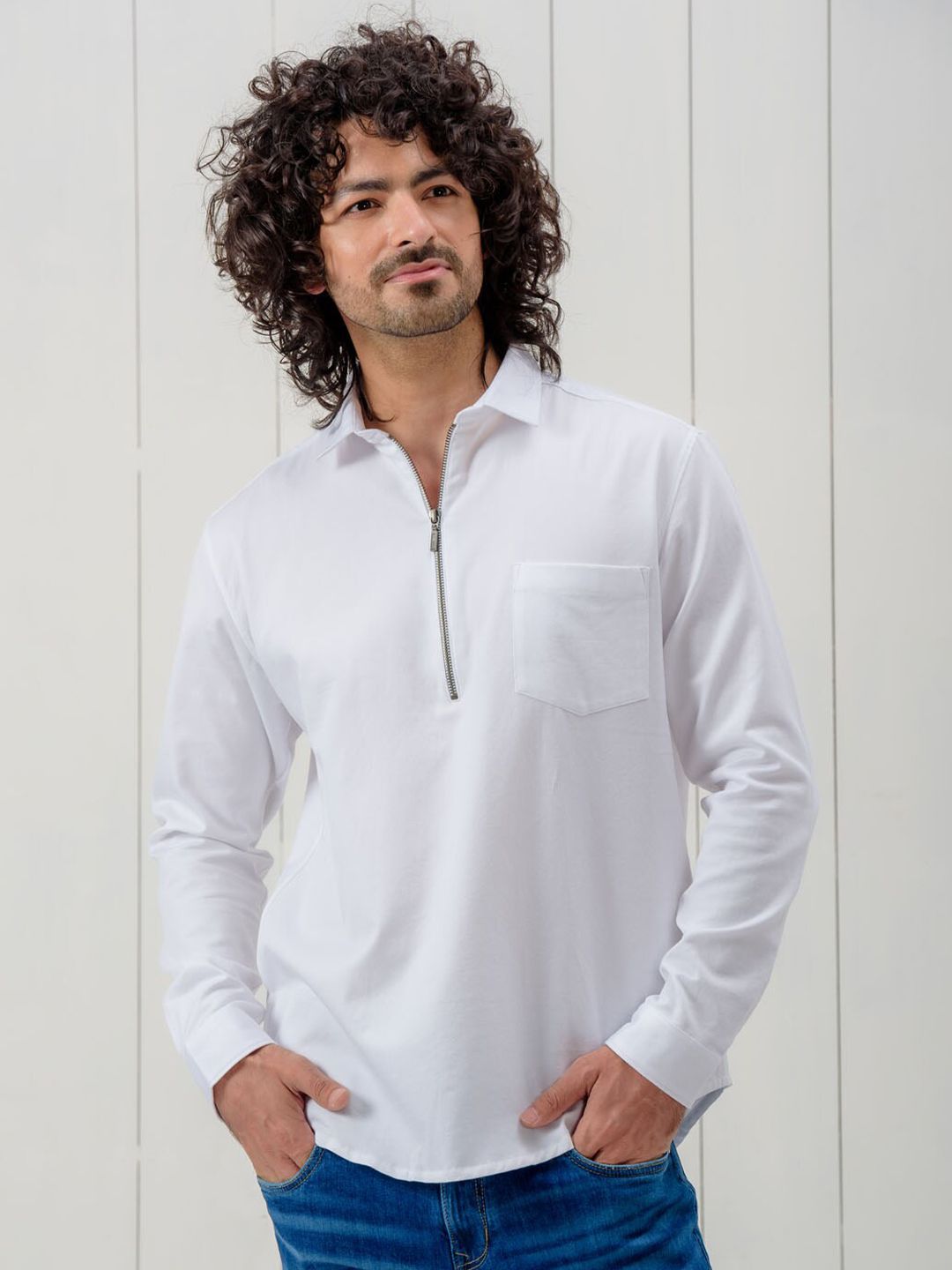 KINGDOM OF WHITE Long Sleeves Zip Log Cotton Casual Shirt