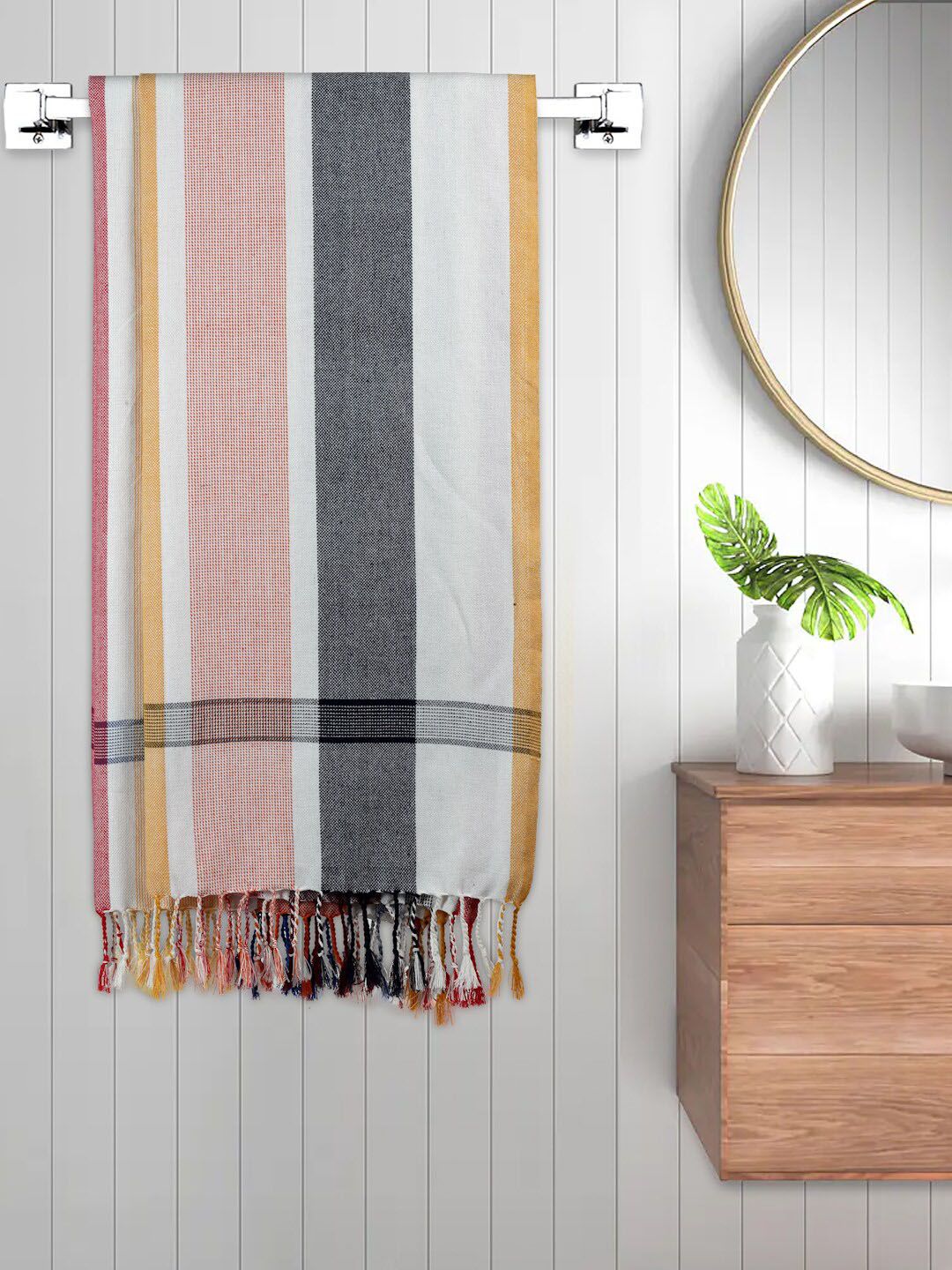 FABINALIV White & Red 2 Pieces Striped Cotton 225 GSM Bath Towels