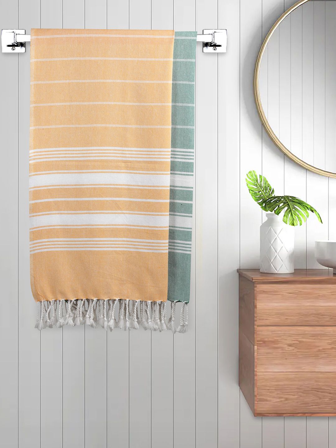 FABINALIV White & Orange 2 Pieces Striped Cotton 225 GSM Bath Towels