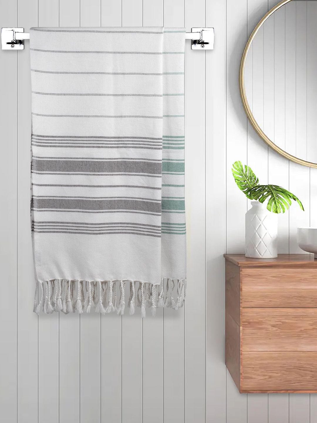 FABINALIV White & Black 2 Pieces Striped Cotton 225 GSM Bath Towels