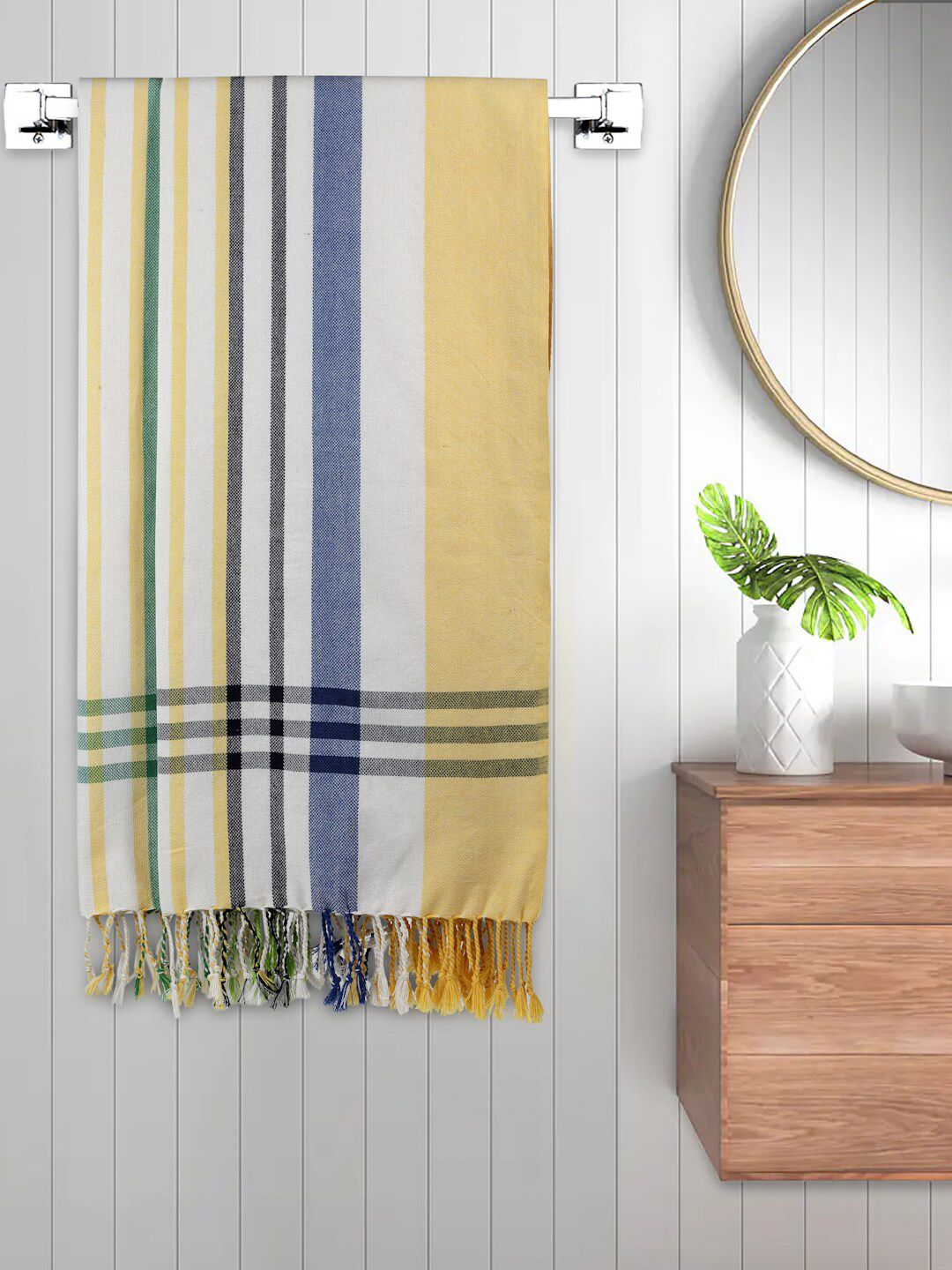 FABINALIV White & Yellow 2 Pieces Striped Cotton 225 GSM Bath Towels