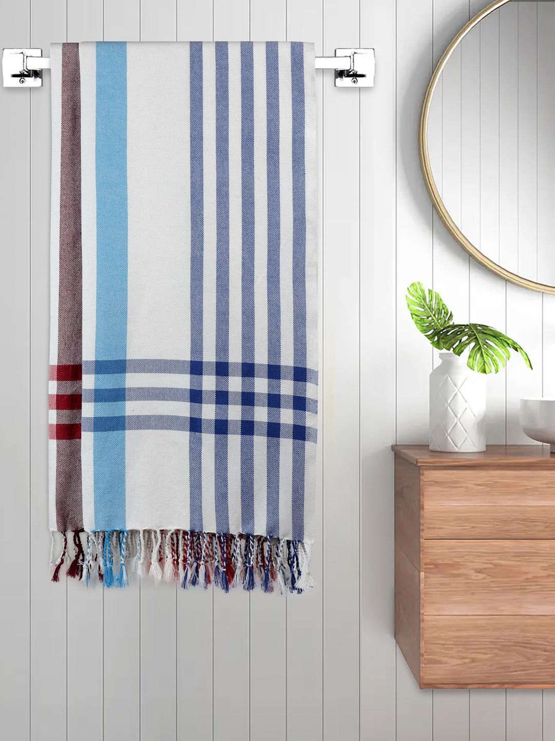 FABINALIV White & Blue 2 Pieces Striped Cotton 225 GSM Bath Towels