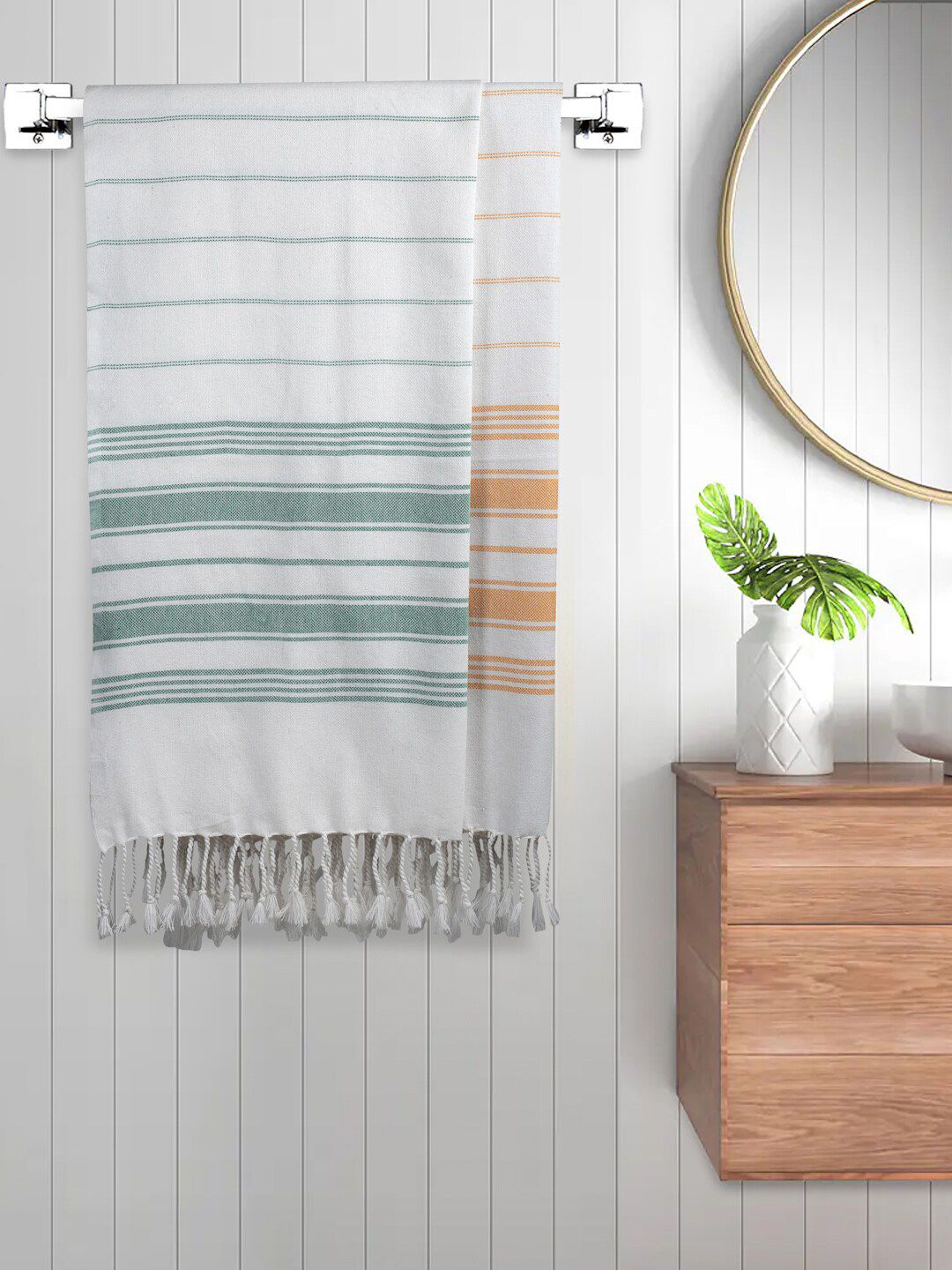 FABINALIV 2Pcs White & Orange Striped Cotton  Bath Towels