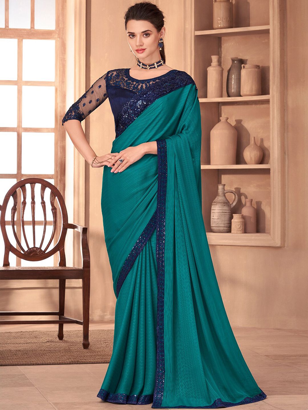 ODETTE Green & Blue Sequinned Silk Blend Saree Price in India
