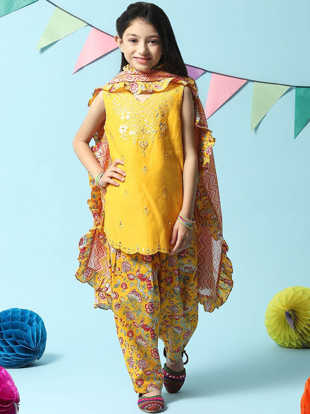 Biba Girls Ethnic Motifs Embroidered Mirror Work Kurta with Salwar & Dupatta